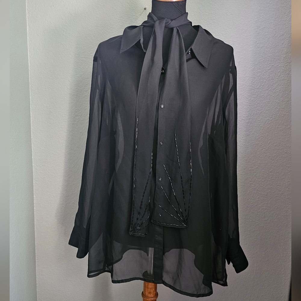 Sheer black beaded long sleeve blouse scarf neck 18W